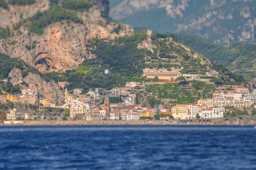 Tilt shift effect of the town of Amalfi seen from the sea