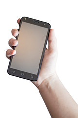 Hand is holding a phone isolated on white background with clipping path