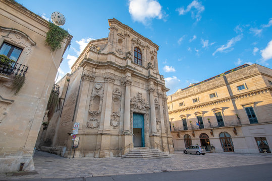 Lecce, Puglia, Italy - Facade of catholic Church of Saint Clare (Chiesa di Santa Chiara) in Piazzetta Vittorio Emanuele II square. A region of Apulia
