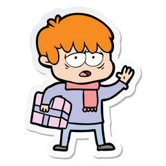 sticker of a cartoon exhausted boy