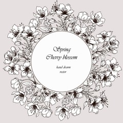 Card template with spring cherry blossom. Hand drawn vector on beige background.