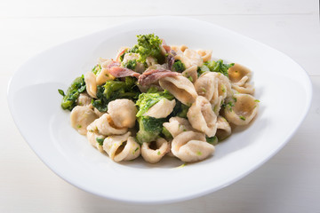 Traditional dish of Apulia region pasta Orecchiette with turnip greens and salted anchovies, top view, white wooden background with copy space