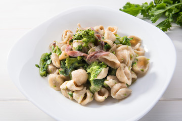 Traditional dish of Apulia region pasta Orecchiette with turnip greens and salted anchovies, top view, white wooden background