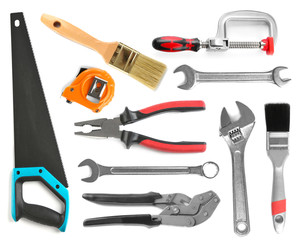 Set with different construction tools on white background