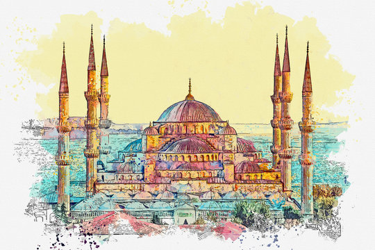 Watercolor sketch or illustration of a beautiful view of the Blue Mosque or Sultanahmet in Istanbul in Turkey