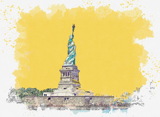 Watercolor sketch or illustration of the Statue of Liberty in New York in the USA