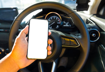 Driver in car hold blank display smartphone