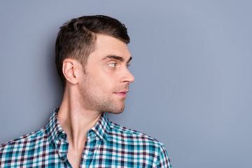 Obraz premium Close up side profile photo attractive amazing he him his man boyfriend turn head look empty space perfect styling hair light stubble wearing casual plaid checkered outfit isolated grey background
