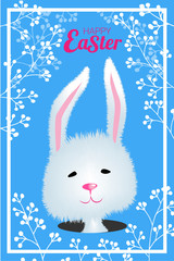 Happy Easter card template. Vector greeting illustration with cute bunny and white branches.