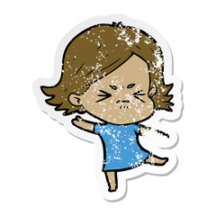 distressed sticker of a cartoon angry girl