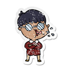 distressed sticker of a cartoon boy wearing spectacles