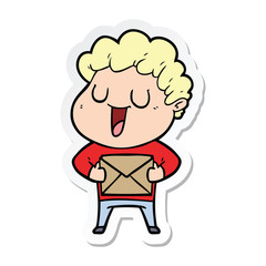 sticker of a laughing cartoon man with parcel