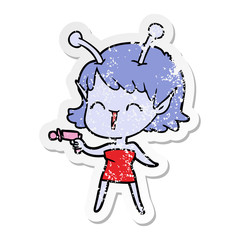 distressed sticker of a cartoon alien girl laughing