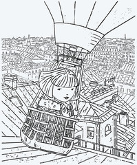 Vector image of a little girl with her cat flying in a balloon over the city