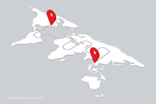Flat isometric vector concept of global logistics networks, worldwide freight shipping, fast delivery. Flat isometric map of the world with red signs of location. Vector illustration EPS10. © katarinanh
