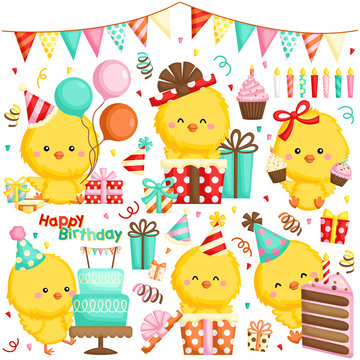 A Vector Set of Various Chickens Celebrating Birthday with Cakes and Many Gifts