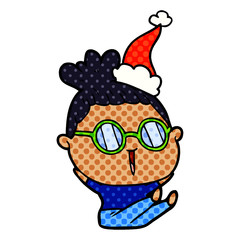 comic book style illustration of a woman wearing spectacles wearing santa hat