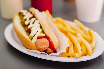 hot dog with potatoes and smoothie