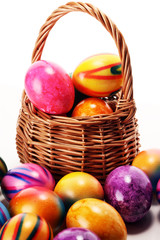 Basket of Easter eggs on table. easter decoration