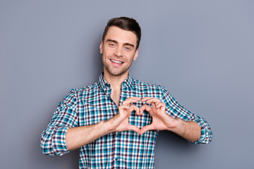Close up photo amazing he him his man arms hands imaginary heart shape figure cute postcard for...