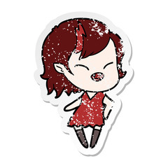 distressed sticker of a cartoon laughing vampire girl