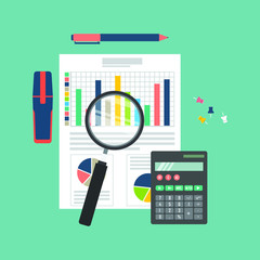 Auditing concept vector illustration. Tax process. Business background. Flat design of analysis, data, accounting, planning, management, research, calculation, reporting, project management.