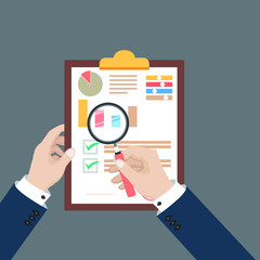 Auditing concept vector illustration. Tax process. Business background. Flat design of analysis, data, accounting, planning, management, research, calculation, reporting, project management.