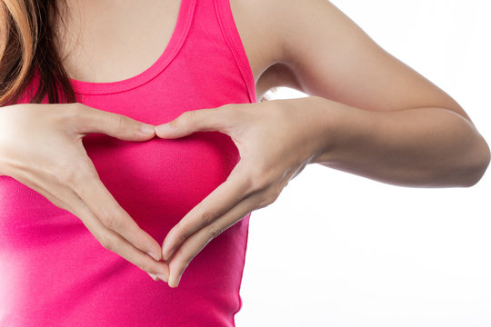 Beautiful woman, breast examination by herself (BSE) Breast Cancer Awareness (BSE).