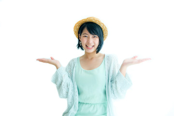 Portrait young beutiful Asian woman happy smile mood on isolated white background