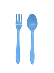 Blue enamel spoon and fork isolated on white background