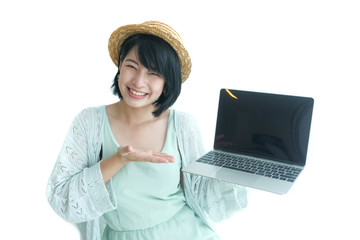 Asian girl with laptop white background 