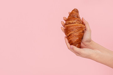 Crop hands holding fresh croissant 