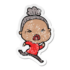 distressed sticker of a cartoon angry old woman