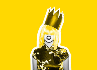 Double exposure of fashion Asian beautiful young girl in a sour wig. Black and white image. Flash...