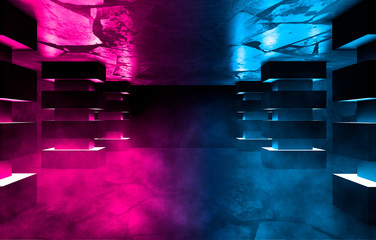 Background of empty room with concrete pillars, blue and pink neon lights, spotlight, smoke