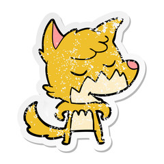 distressed sticker of a friendly cartoon fox
