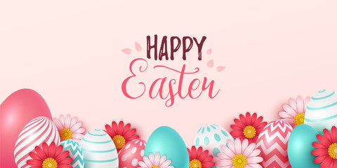 Easter background with spring flowers and eggs. Vector illustration