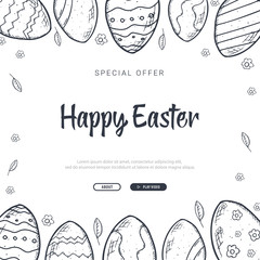 Happy Easter background with traditional sketches decorations. Easter greeting with colored eggs, rabbit.