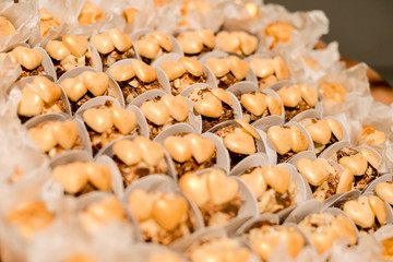 wedding candy table. delicious and assorted sweets. selective focus.