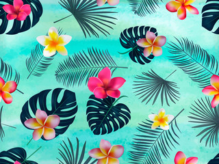 Seamless  vector pattern with  silhouette palm leaves and orchid on green background. © artemisia1508