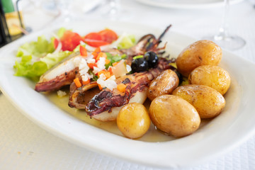 grilled squid with potato and salad on white dish