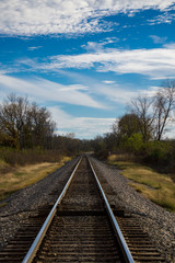 Fototapeta na wymiar landscape with trees and blue sky by railroad tracks