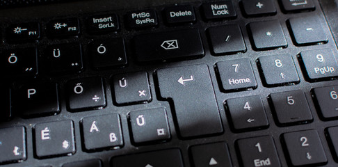 Laptop Keyboard, Black Keyboard. Keyboard Close Up with Sun Ray.