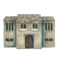 Antique gray building isolated on white background. Construction, old house. Illustration.