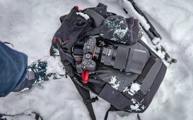 Travel Bag On Snow Landscape