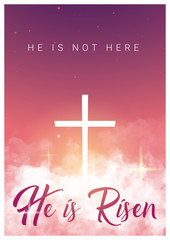 He is risen. Christian easter scene. Saviour's cross on dramatic sunrise scene.