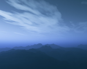 Mountains in mist at night.