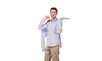 the man holds a palm horizontally, and a coat hanger with clothes in hands, on a white background