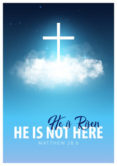 He is risen. Christian easter scene. Saviour's cross on dramatic sunrise scene.