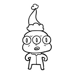 line drawing of a three eyed alien wearing santa hat